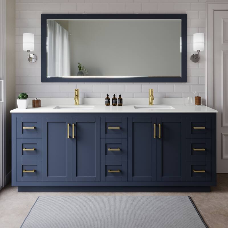 Wyndham Collection WCF292984D-QTZ-UNSMXX Miranda 84" Free Standing - Dark Blue / White Quartz Top / Brushed Gold