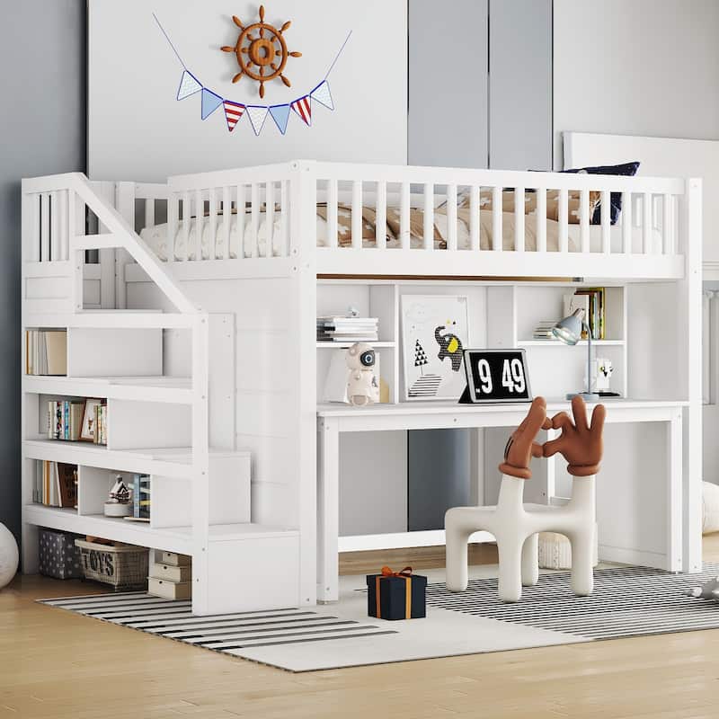 Children's Bedroom Solid Wood Loft Bed with Movable Desk, Storage Stairs, Shelves, Safety Guardrails and Optional Full or Twin