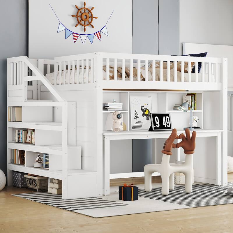 Espresso Loft Bed with Desk Bookshelf Storage Stairs Wood Loft Bed Frame - White - Full