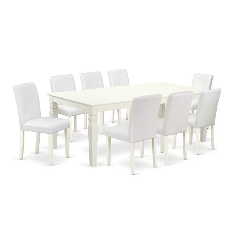 Rectangle Kitchen Dining Table Set 9Pc - 66/84 Inch Table w/ Leaf & 8 Parsons Chairs - White PU Leather