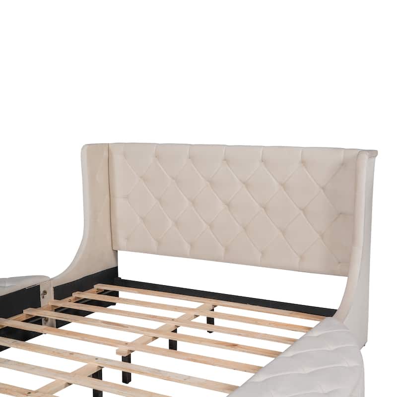 Velvet Queen Platform Bed with Wingback & Storage