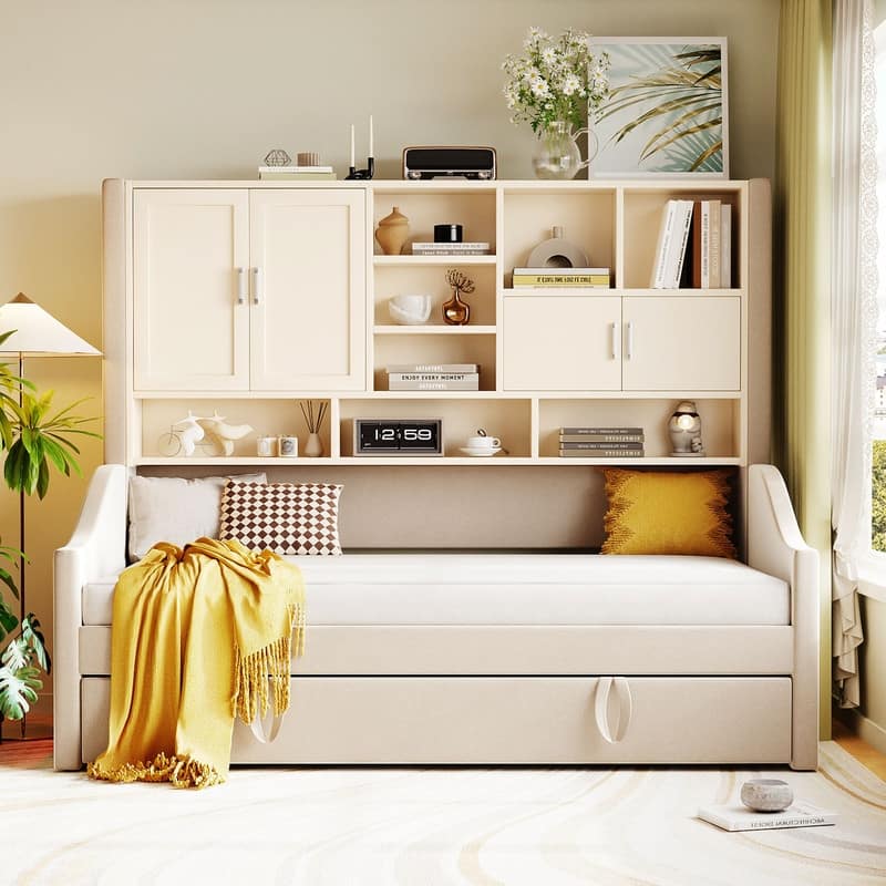 Twin Size Upholstered Daybed with LED Armrest Lights, Shelves & Cabinets, Twin Trundle