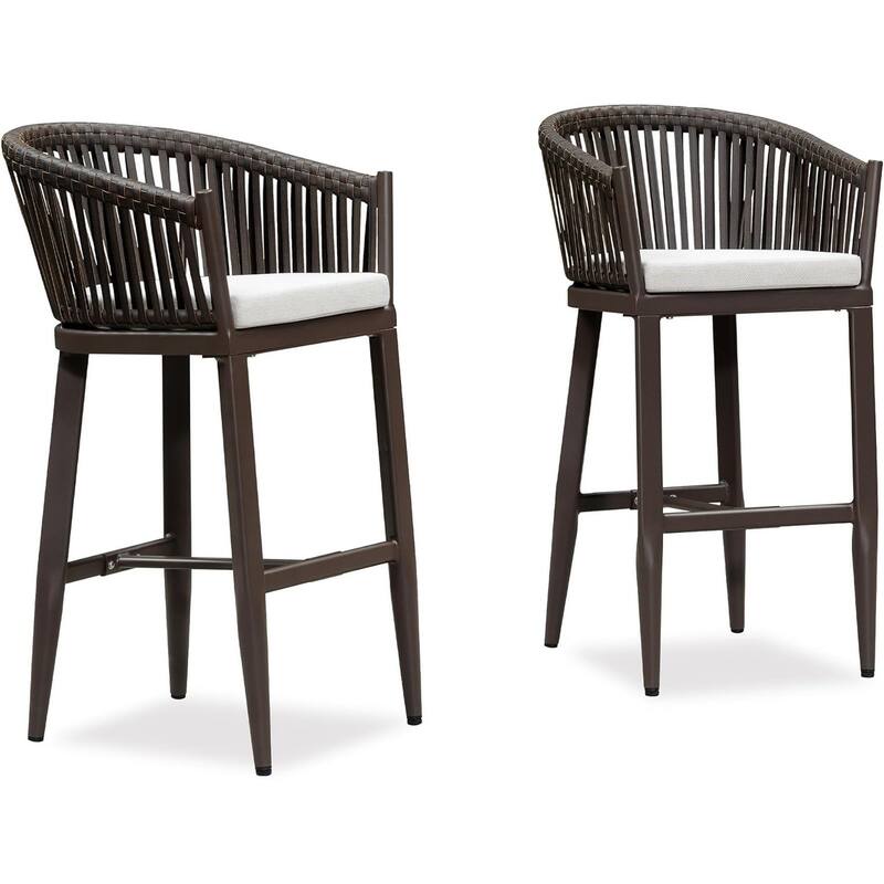 PURPLE LEAF Outdoor Bar Stools Set of 2 Patio Metal Modern Wicker Bar Chairs Woven Aluminum Barstools - Bar Height-Coffee