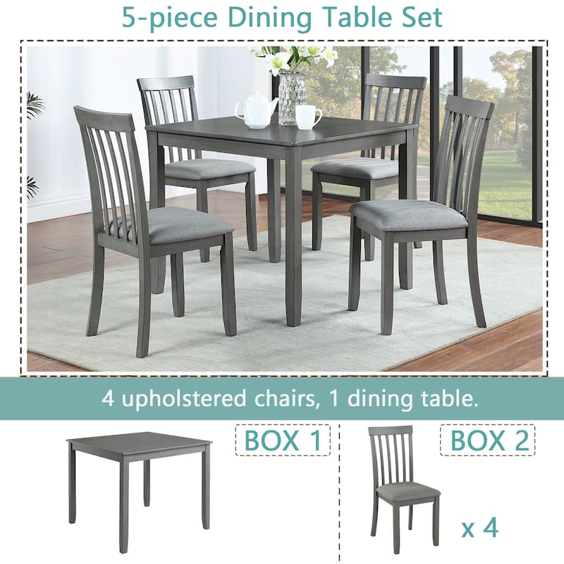Farmhouse Dining Table Set for 4, Wooden Kitchen Table and Solid Wood Chairs, 5 Piece Dining Table Set w/4 Upholstered Chairs