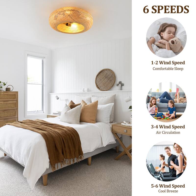 19" Rattan Ceiling Fan with 4 Bulbs, Dimmable, Remote Control,7 Blades, Reversible DC Motor - Yellow Brown