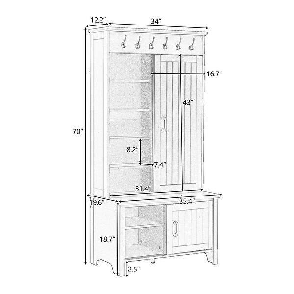 Hall Tree with Sliding Doors, Wooden Hallway Shoe with Storage