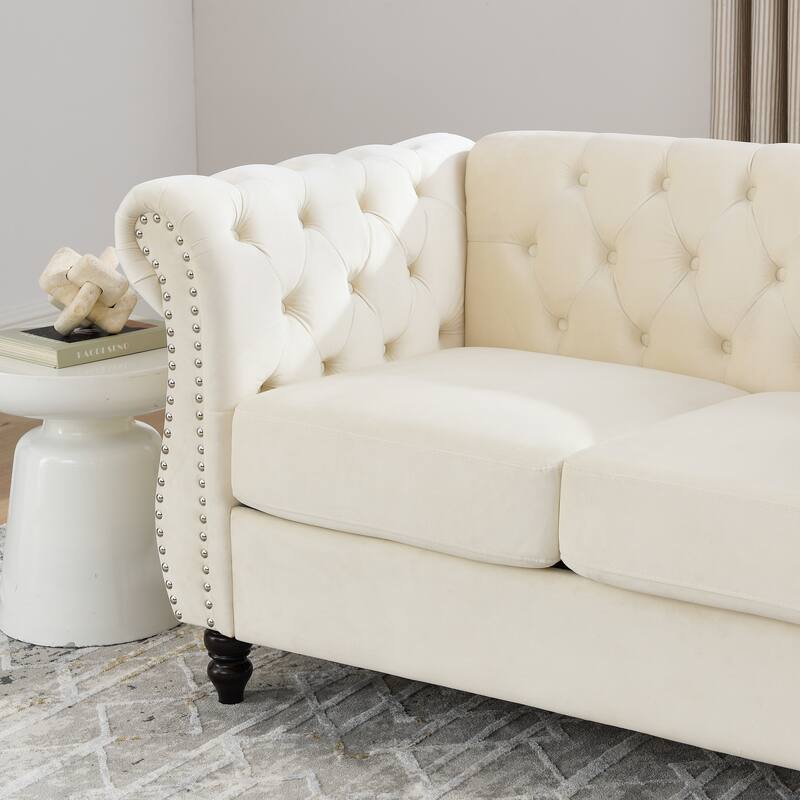 Chesterfield Velvet Loveseat Sofa, Tufted Upholstered Sofa with 2 Pillows, 2-Seater Sofa with Rolled Arms & Nailhead