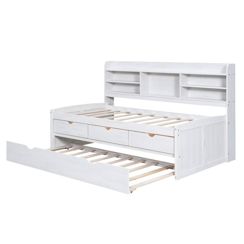 White Washed Twin Size Wooden Captain Platform Bed with Built-in Bookshelves, Three Storage Drawers and Trundle