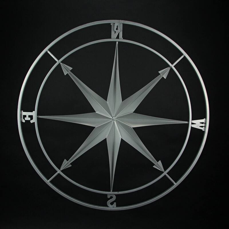 Silver Finish Framed Nautical Compass Rose Metal Wall Decor Hanging
