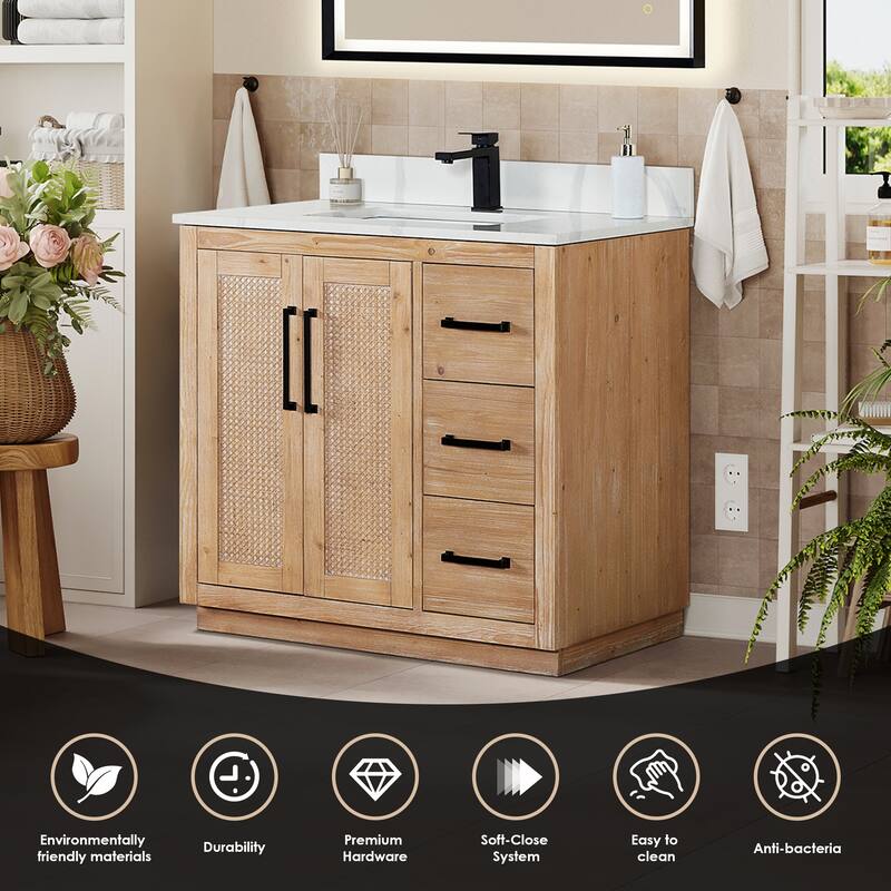 Floral Single Bathroom Vanity in Light Brown with Calacatta White Quartz Countertop with Mirror