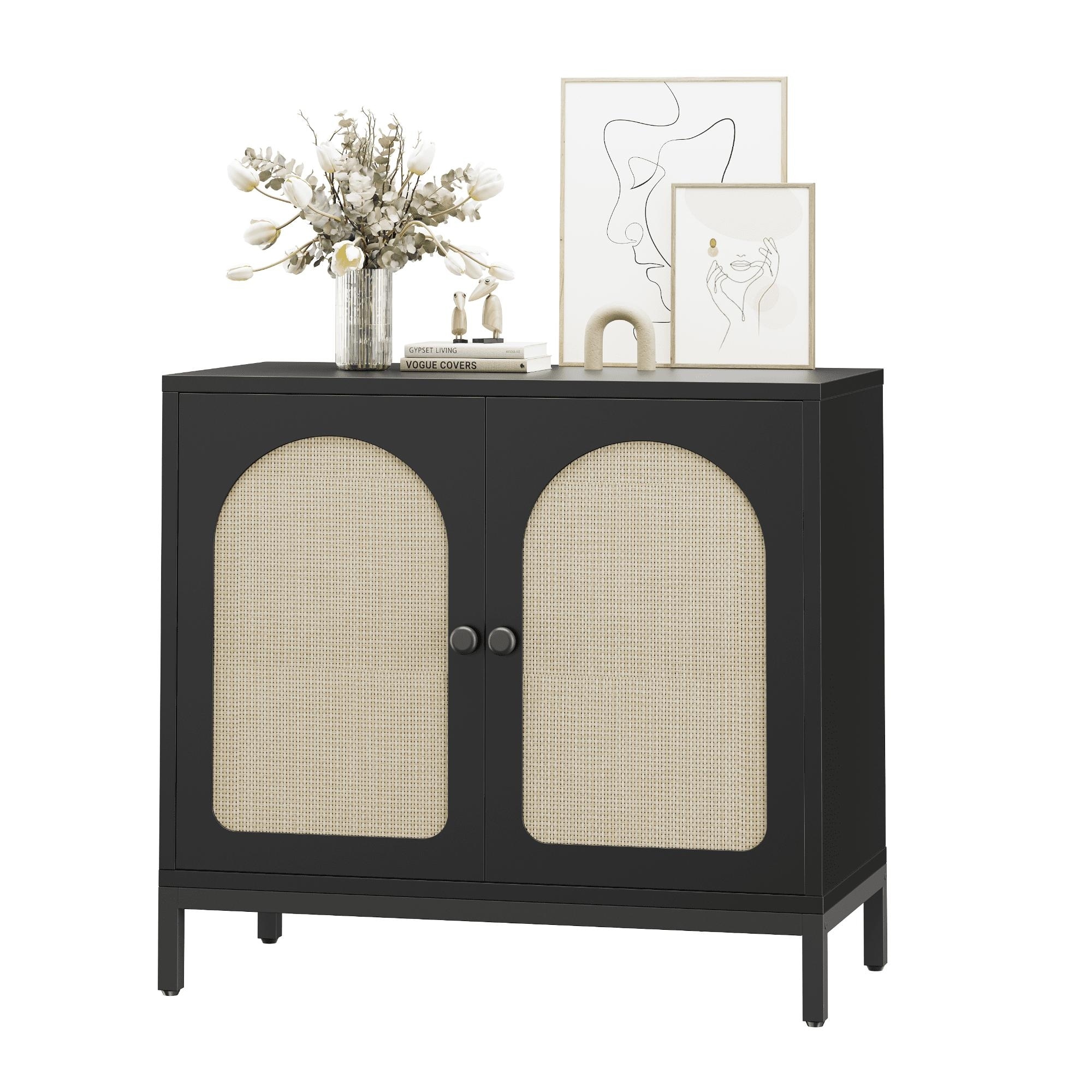 Black Rattan Accent 2-Door Buffet with Adjustable Shelves