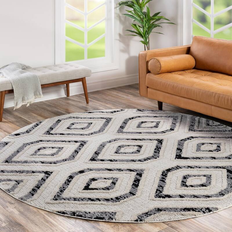 Contemporary Prudence Collection Area Rug - Black-White - 7' Round