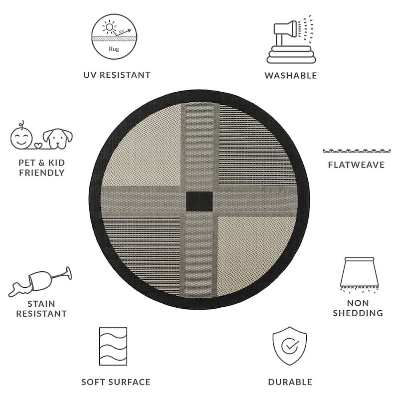 SAFAVIEH Courtyard Leba Indoor /Outdoor Waterproof Patio Backyard Rug - 6'7" Round - Black/Sand