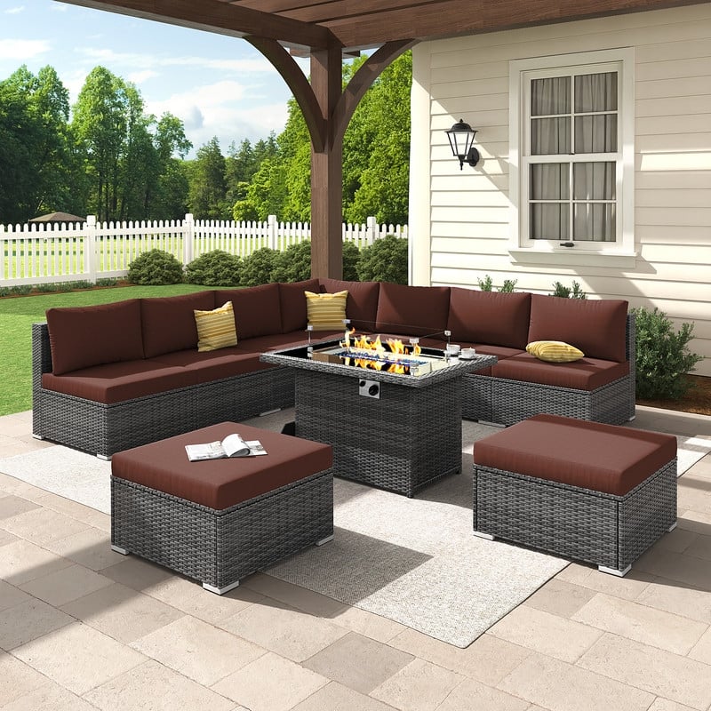 FINCATI 10-Piece Outdoor Wicker Sectional Furniture Set with Fire Pit Table for Backyard Patio - 10 PCS