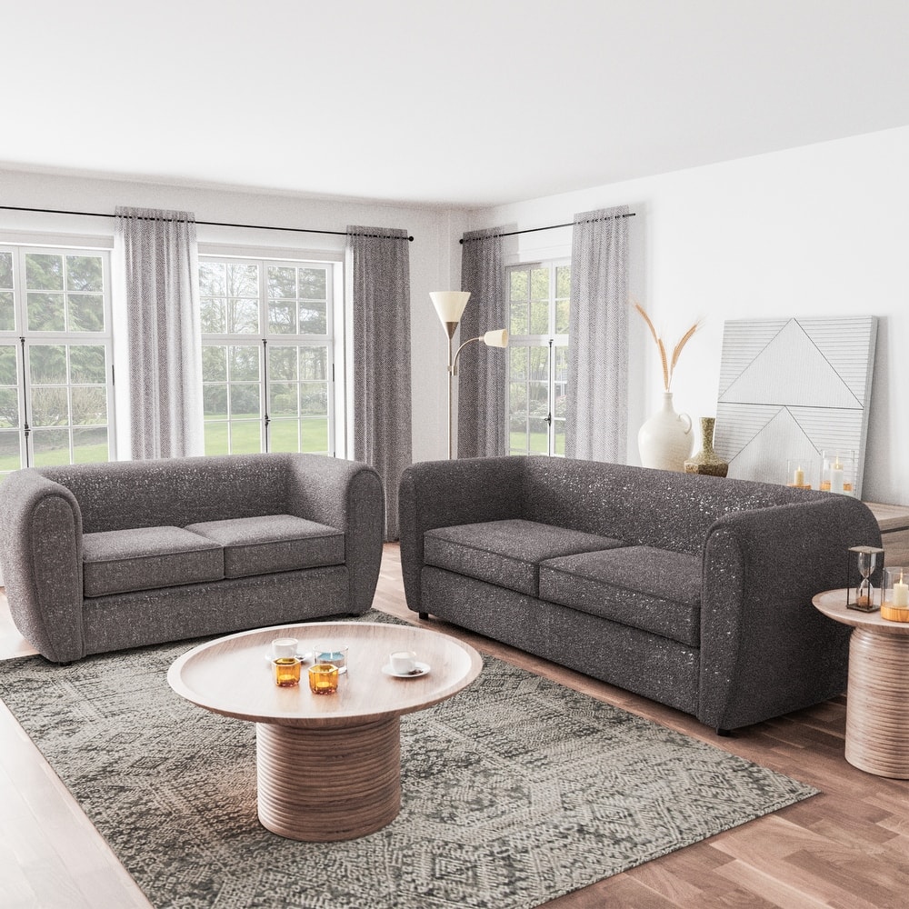 Furniture of America Vanessa Modern Curved Arms Boucle Sofa Set with Seat Cushion and Wooden Legs, 2-Piece or 3-Piece Options