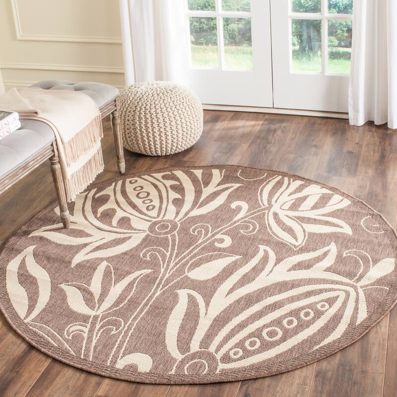 SAFAVIEH Courtyard Leatrice Indoor/ Outdoor Patio Backyard Rug - 7'10" x 7'10" Round - Chocolate/Natural