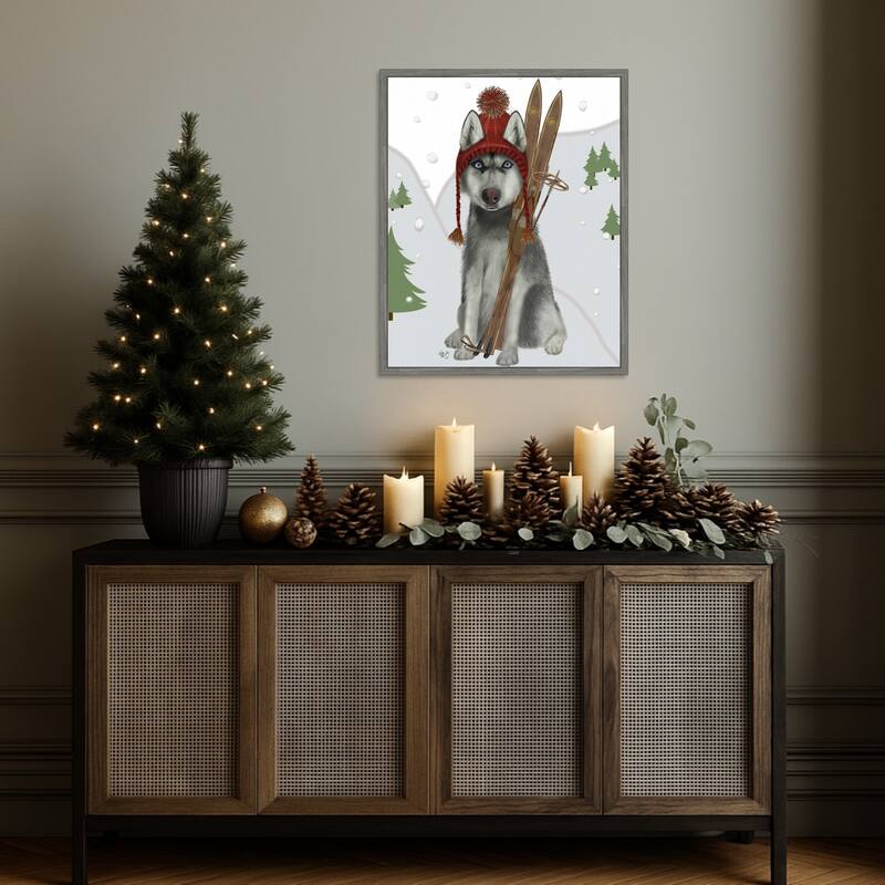 Husky Skiing by Fab Funky (23 x 28 in.), Framed Canvas Wall Art Print - Sylvie Greywash