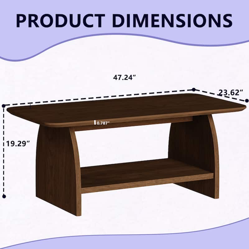 47 inch Modern Coffee Table with Storage, Double-Layer Rectangular Design with Rounded Corners