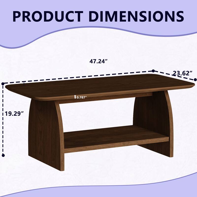 Modern Living Room Coffee Table, 47 Inch Double-Layer Rectangular With Storage Function, Safety Rounded Design, MDF Material