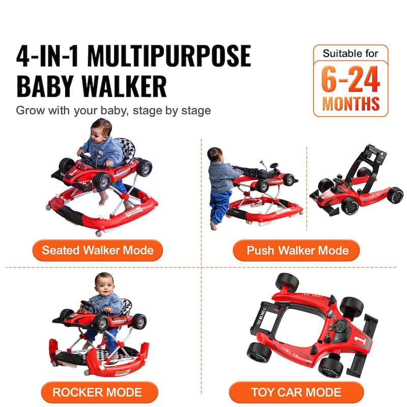 PP 4-in-1 Baby Walker with Wheels, Music and Foldable Design - 28.3” L x 27.6” W x 21.7” H