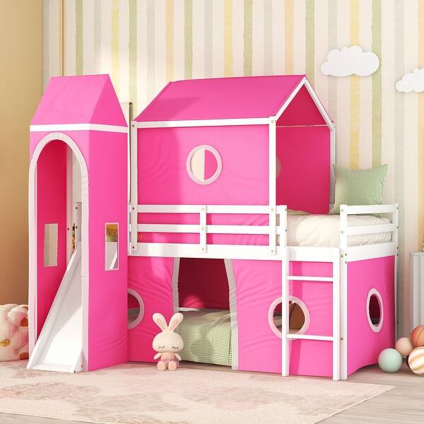 slide 2 of 28, Twin Castle Bunk Bed with Slide and Tent Pink