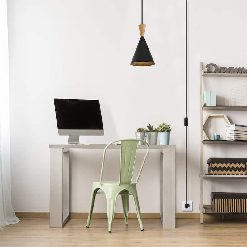 Modern Black/White Pendant Light Fixture with Plug in Cord Wood Metal, Adjustable Chandelier Hanging Lamps for Bedroom