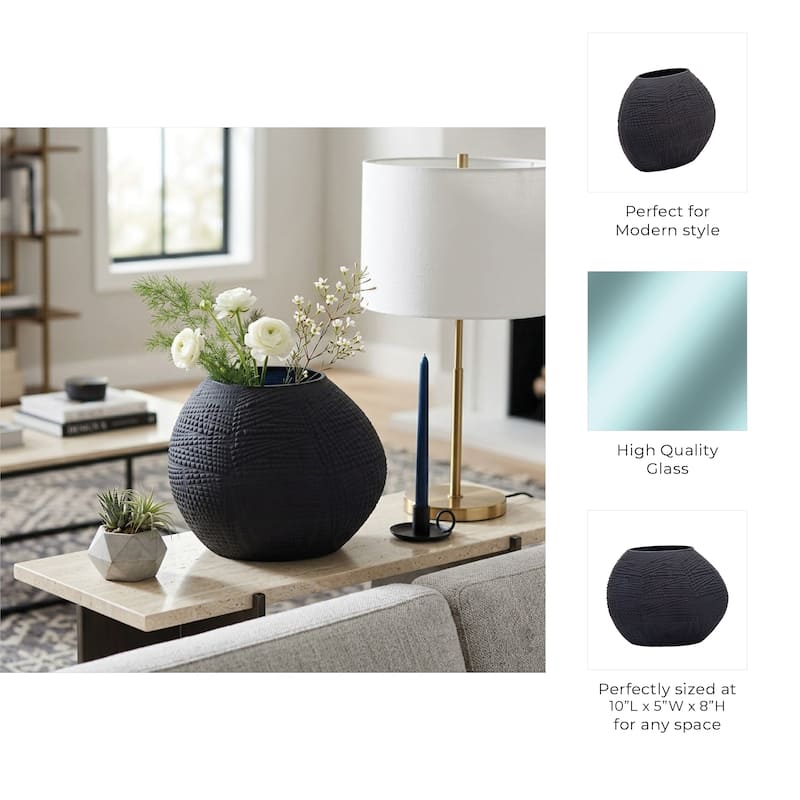 Glass Round Textured Modern Flower Vase - Black, 8"