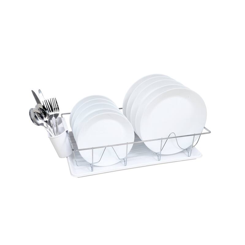 Kitchen Details 3 Piece Chrome Dishrack with Tray in White - 19"x12"x4"