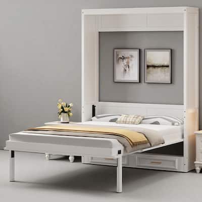 Full Size Murphy Wall Bed with 2 Storage Drawers, Folding Cabinet Bed with Pine Wood Frame, No Box Spring Needed