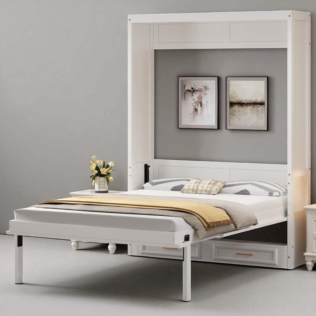 Full Size Murphy Wall Bed with 2 Storage Drawers, Folding Cabinet Bed with Pine Wood Frame, No Box Spring Needed