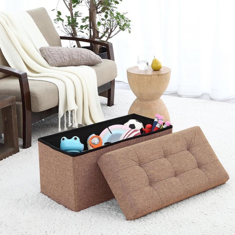 Foldable Tufted Linen Large Storage Ottoman Bench Foot Rest