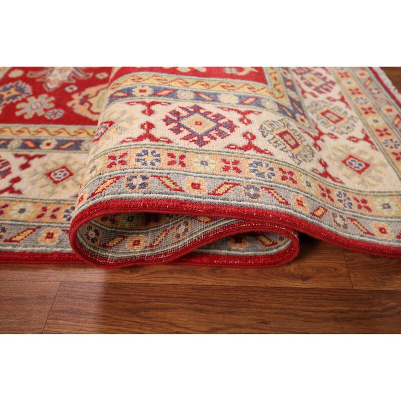 Red Geometric Kazak Area Rug Handmade Traditional Oriental Wool Carpet - 4'10" x 6'8"