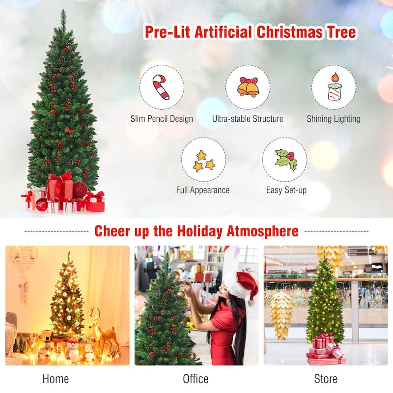 Gymax 4.5Ft Pre-Lit Pencil Christmas Tree Hinged Artificial Slim Tree - See Details