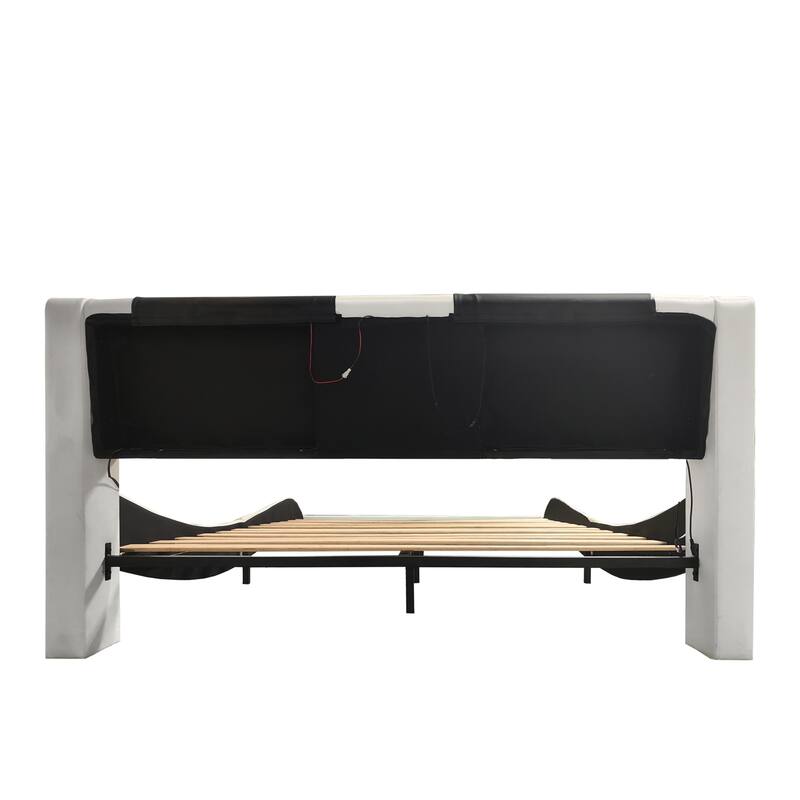 Queen Size Faux Leather Upholstered Platform Bed with led lighting