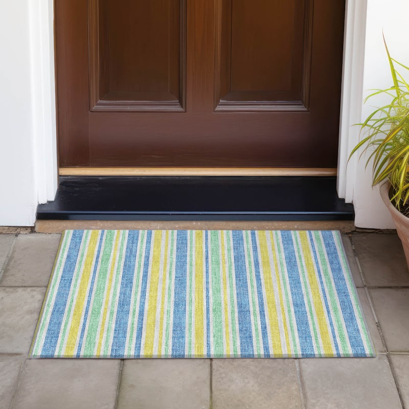 Machine Washable Indoor/ Outdoor Thin Cabana Stripe Chantille Rug - Yellow - 1'8" x 2'6"