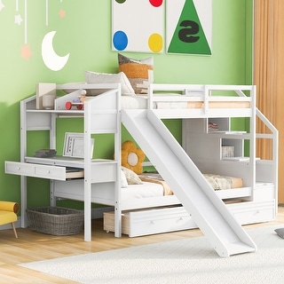 Elegant & Simple Twin over Twin Wood Bunk Bed with Storage Staircase, Slide and Drawers, Desk with Drawers and Shelves, White