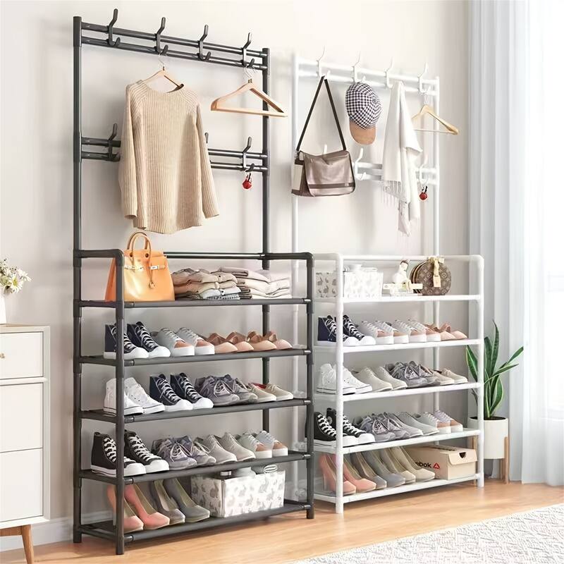 Multifunctional Storage Rack, 4-in-1 Self-Assembled Shoe Rack with Hooks