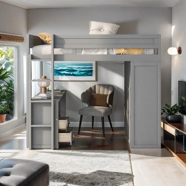 slide 2 of 37, Elegant Wood Full Size Loft Bed with Wardrobes and 2-Drawer Desk with Cabinet, Sturdy Construction & Safety Guaranteed, Gray Grey