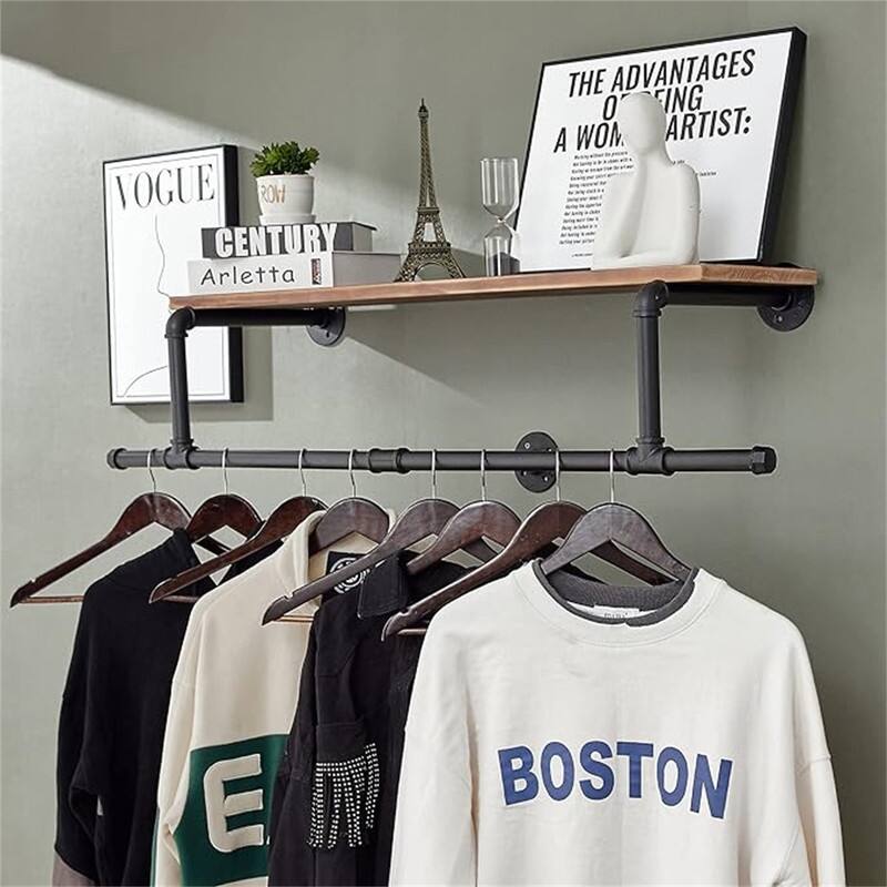 36In Industrial Pipe Clothing Rack with Top Shelf - 11.02"D x 44.88"W x 9.05"H