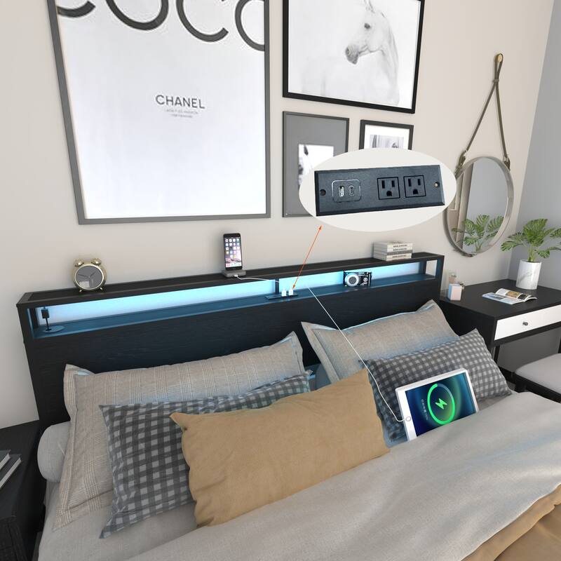 King Size Heavy Duty Metal Platform Bed with 2 Drawers, Smart LED Bed Frame, Storage Headboard with Charging Station