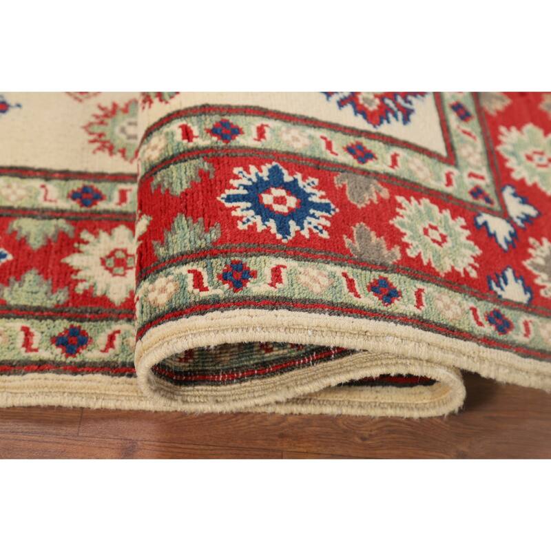 Beige Geometric Kazak Foyer Rug Oriental Handmade Wool Carpet - 3'6" x 5'1"