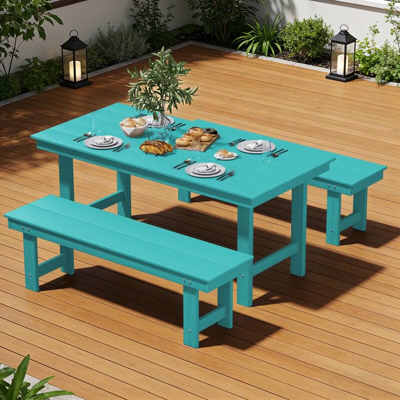 3-Piece HDPE Outdoor Dining Set with Umbrella Hole Table and Two 2-Person Benches