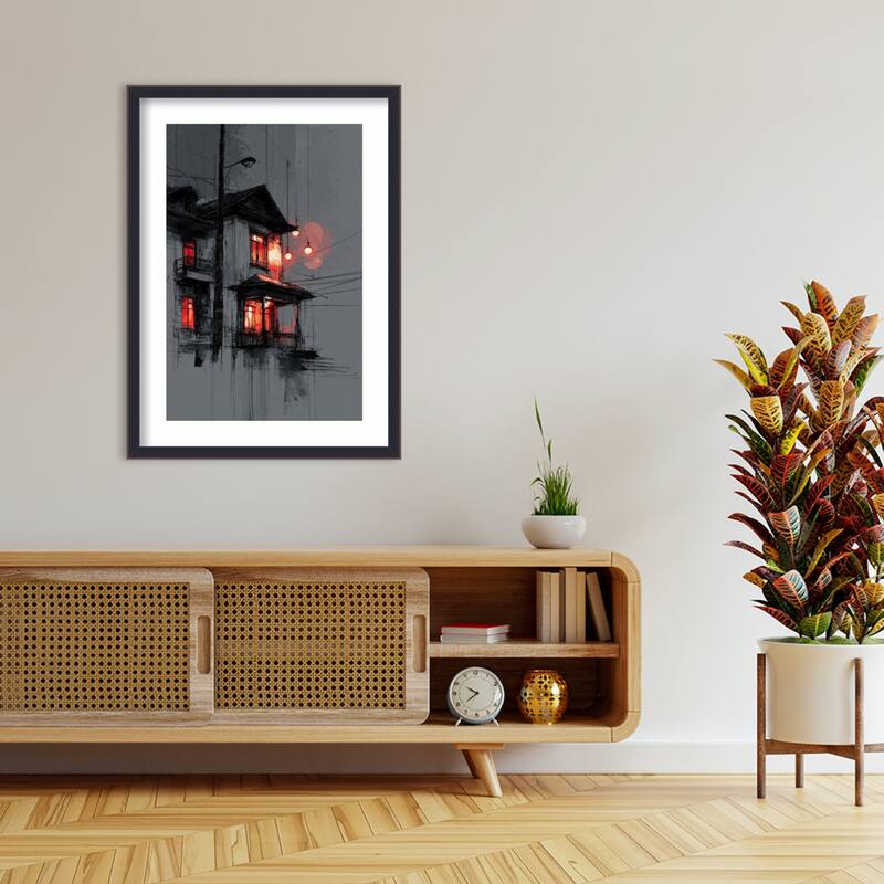 Asian House Red Windows Ink Sketch Red Moon Lanterns by Tradelink inhouse artist Wood Framed Wall Art Print