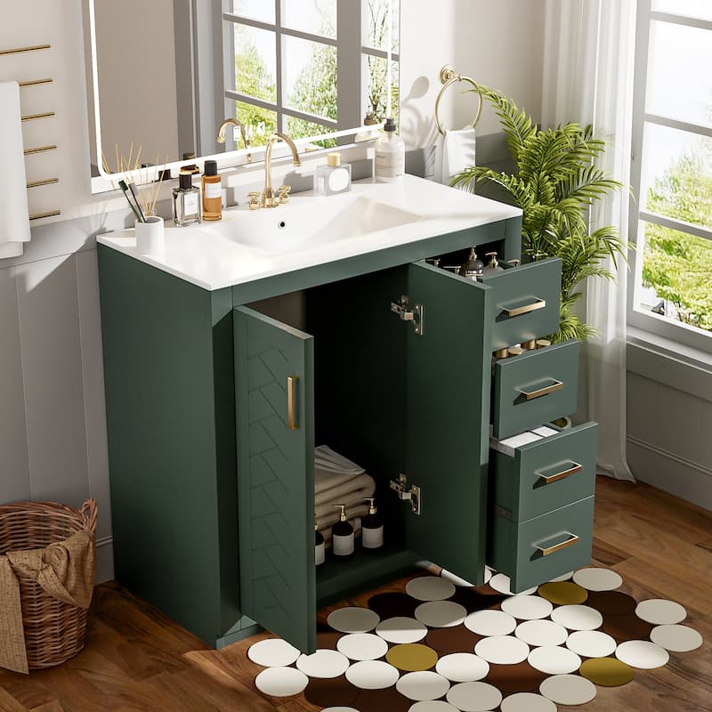 36" Freestanding Bathroom Vanity Set with Ceramic Sink – Solid Wood Storage Cabinet, 3 Soft-Close Drawers & Doors‌