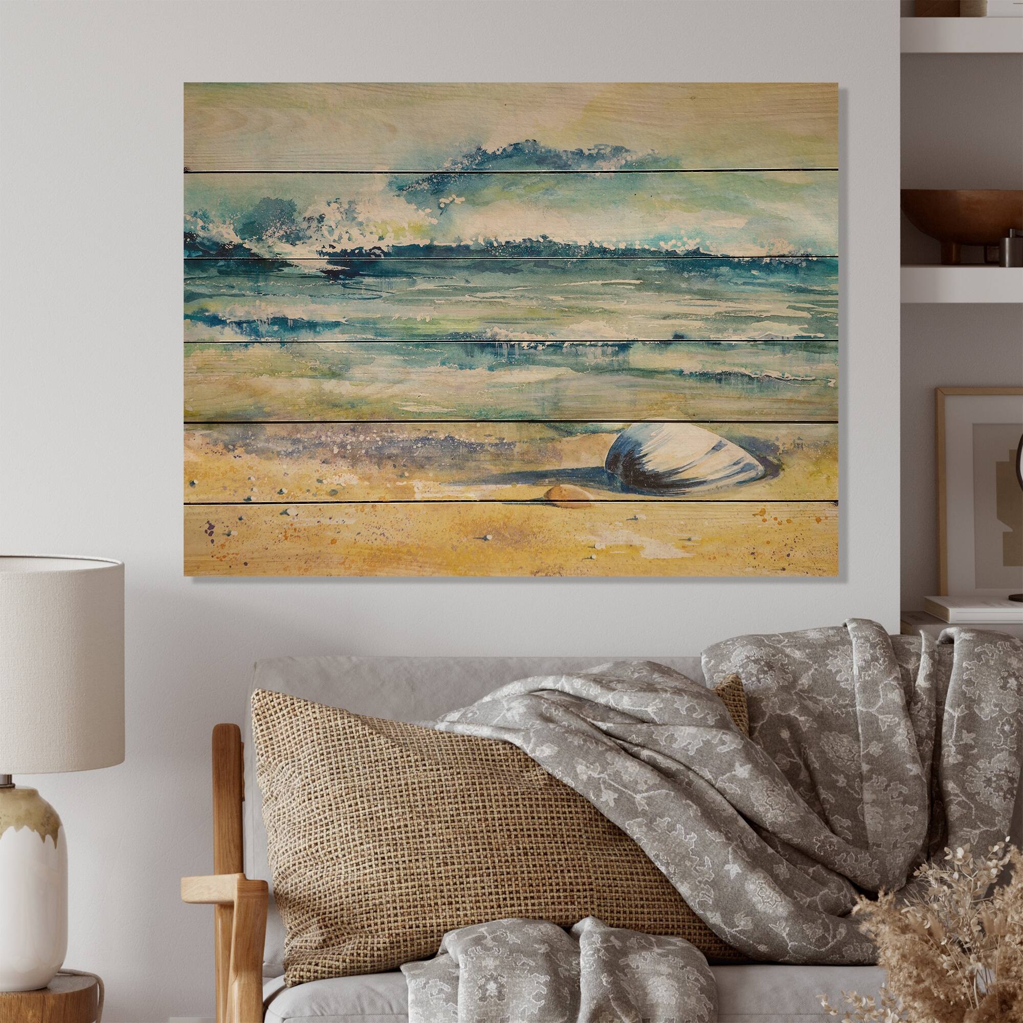 Designart 'Shell On Beach' Nautical & Coastal Wood Wall Art Natural