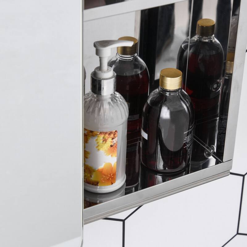 Silver Stainless Steel Wall-Mount Mirror Cabinet with Sliding Door Shelves - 18" W x 4.75" D x 26" H