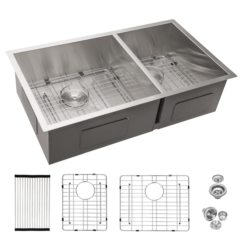 32 Inch Undermount Double Bowl 16 Gauge Stainless Steel Kitchen Sink in Brushed Nickel - 32'' x 18'' x 9''