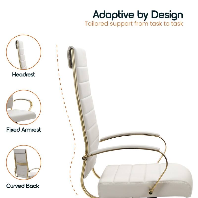 Benmar Ergonomic Ribbed Back Gold Frame Leather Executive Office Chair with Adjustable Height, Tilt, Swivel & Smooth Casters