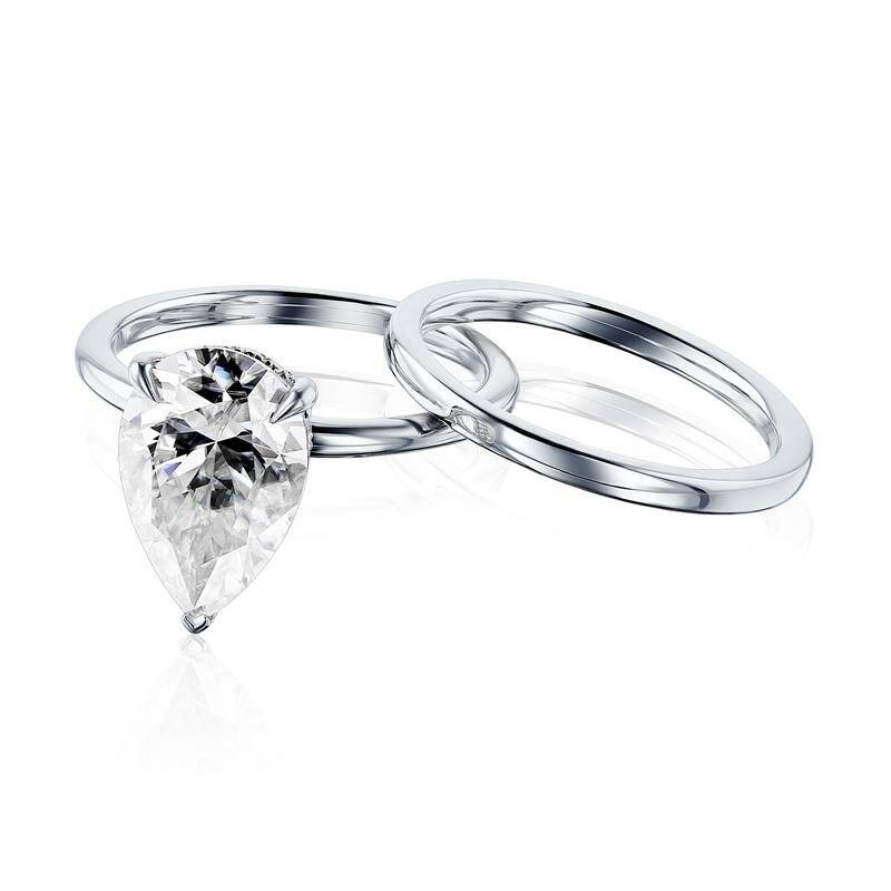 Kobelli Signature Collection 3.6 Carats Moissanite & Diamond 14k Solid Gold Pear Hidden Halo Plain Bands Piper 2pc Bridal Set