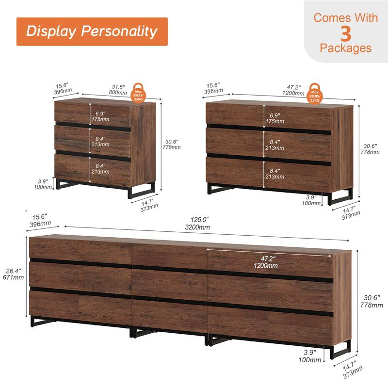 WAMPAT Dresser with Glass Doors, 3 in 1 Modern Chest of Drawers with Adjustable Shelves for Bedroom